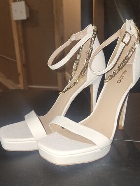 ALDO White Platform Ankle-Strap Heels with Gold Chain Accent